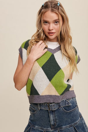Freya Argyle Sweater Vest in Green