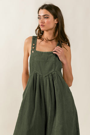 Kyra Vintage Washed Corduroy Wide Leg Overalls in Olive