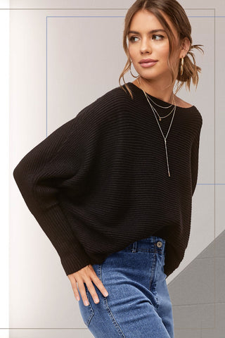 Jane Ribbed Hem Oversized Stripe Sweater in Black