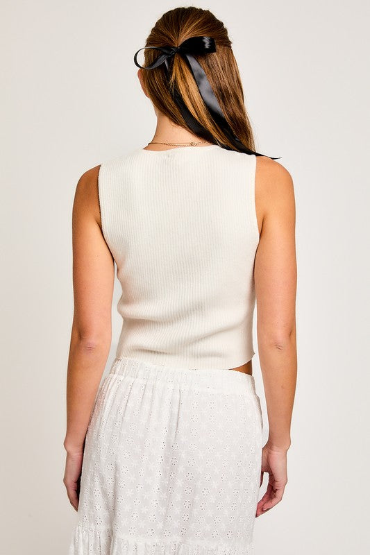 Miranda Satin Bow Detail Sweater Vest in Cream