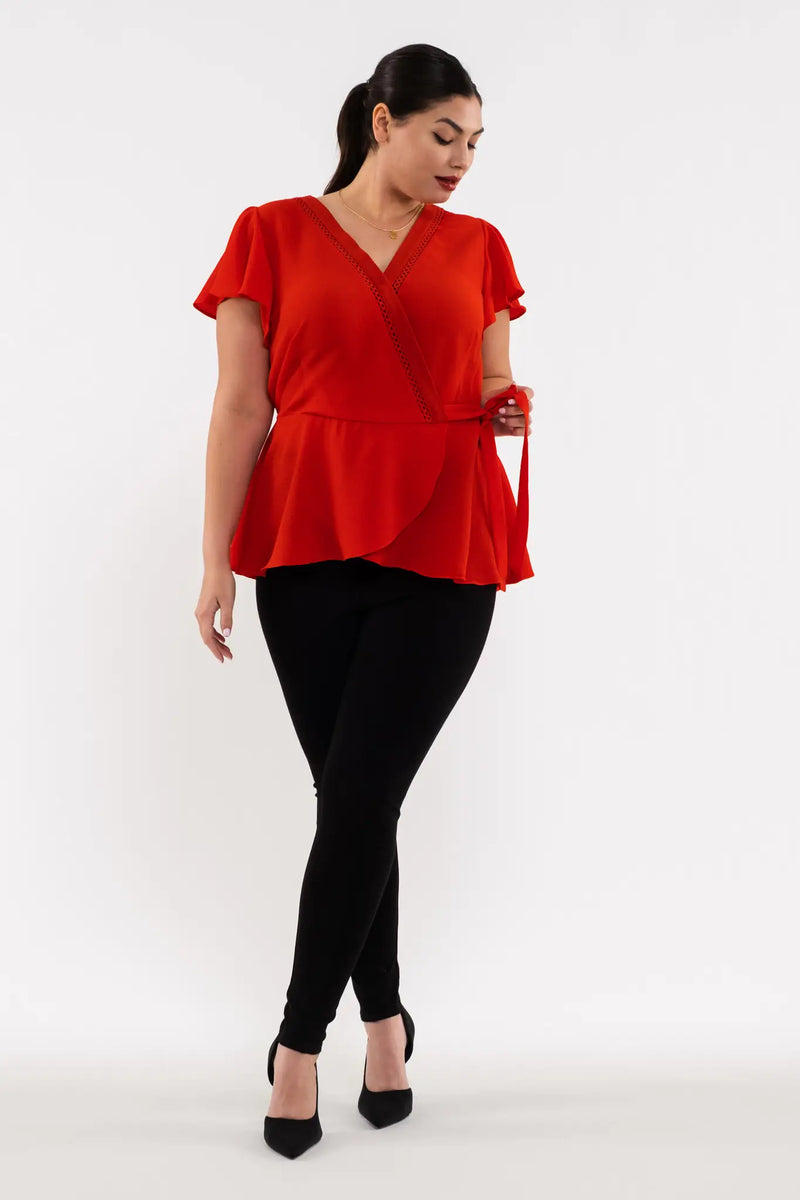 Kelly Lace Inset Surplice Top in Red Sizes S-3XL