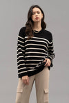 Jane Ribbed Hem Oversized Stripe Sweater in Black