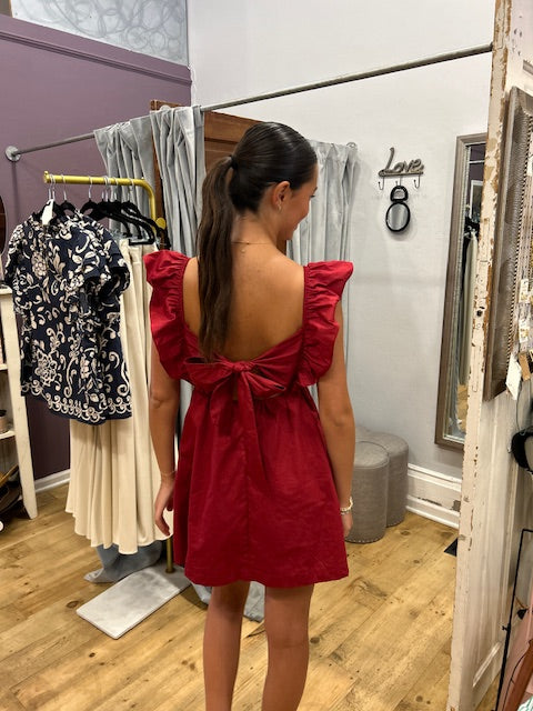 Audrey Tie-Back Ruffle Mini Dress in Burgundy