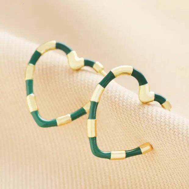 Green Enamel Striped Heart Hoop Earrings