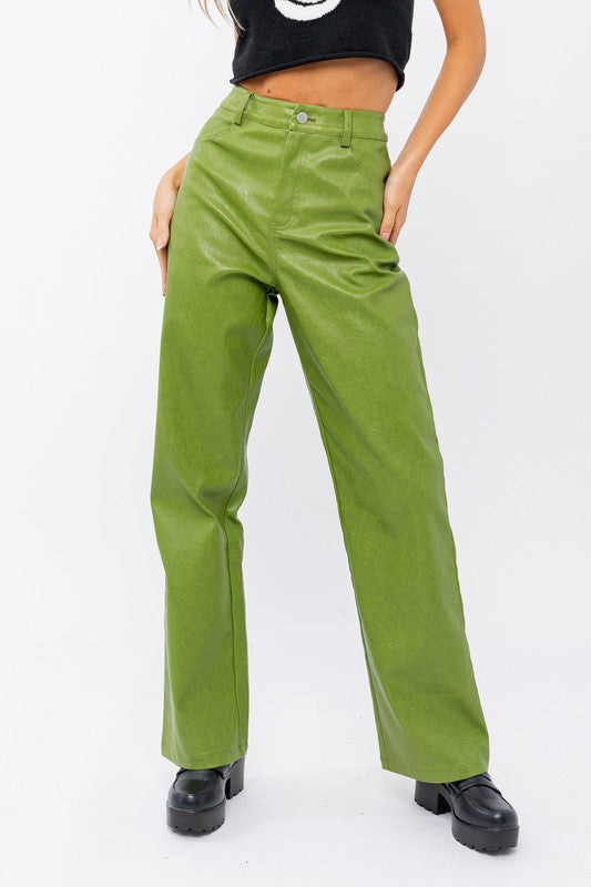 Faux Leather Wide Leg Pants in Green Apple