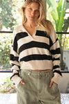 Leigha Drop Shoulder Striped Knit Sweater in Black