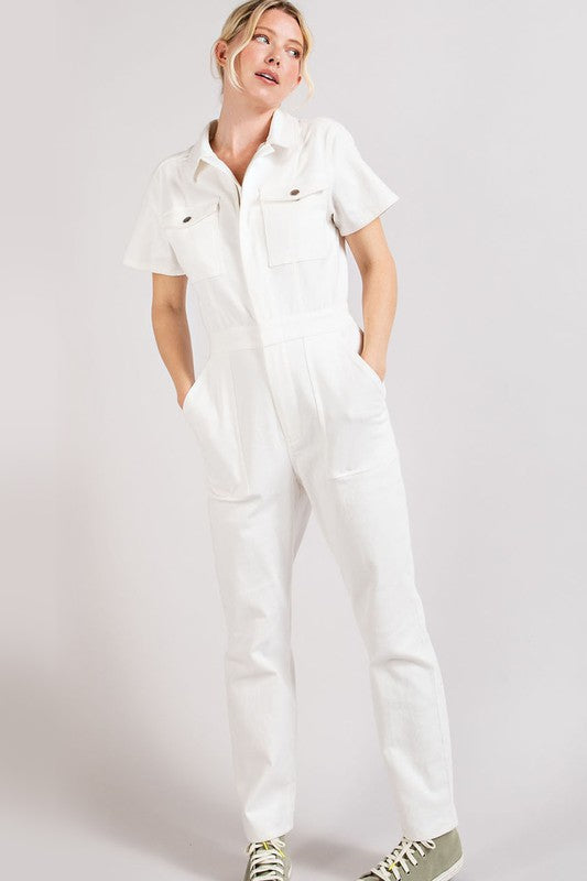Sloane Zipper Front Short Sleeve Jumpsuit in Off White