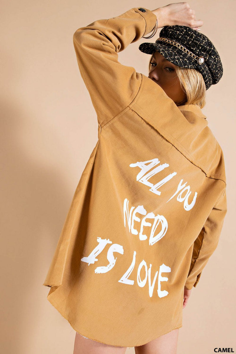 "All You Need Is Love" Soft Twill Washed Snap Button Shacket in Camel