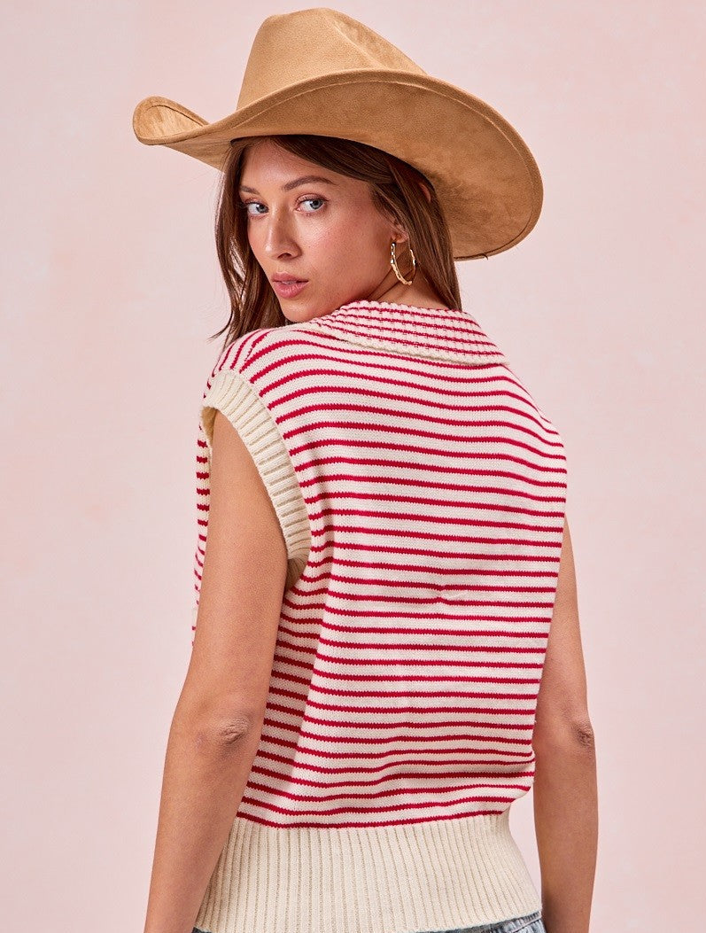 Strawberry Stripe Knit Double Pocket Knit Top