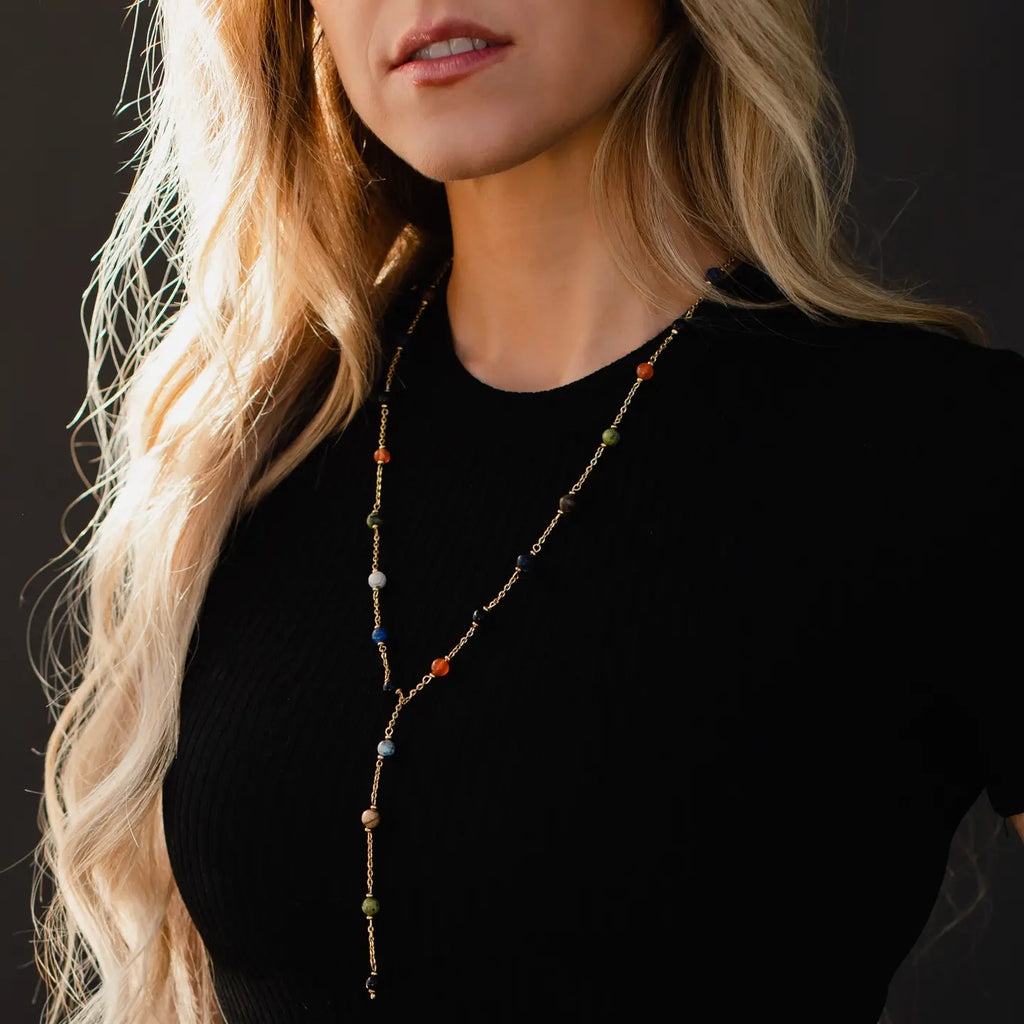 Gold & Multicolored Beaded Lariat Necklace