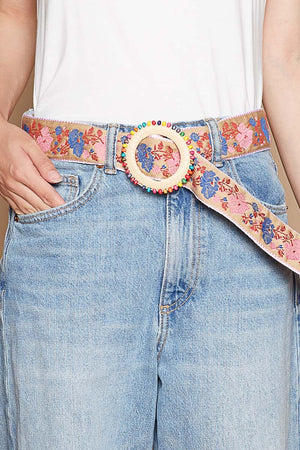 Beaded Circle Buckle With Fabric Floral Patterns in Pink Pastels