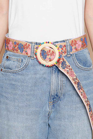 Beaded Circle Buckle With Fabric Floral Patterns in Pink Pastels