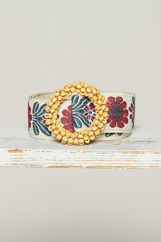 Beaded Circle Buckle With Fabric Floral Patterns in Burgundy Multi by POL