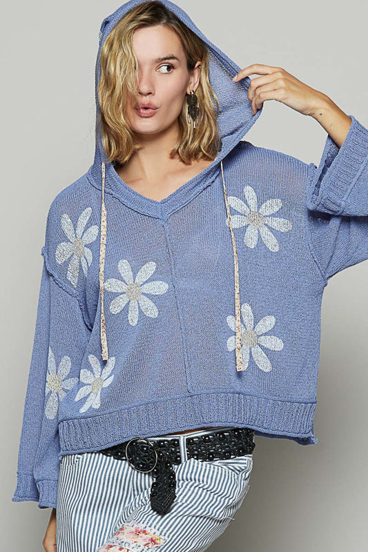 Victoria V-neck Long Sleeve Floral Print Hoodie Sweater in Blue by POL