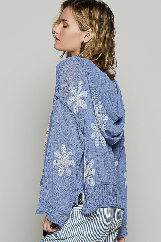 Victoria V-neck Long Sleeve Floral Print Hoodie Sweater in Blue by POL