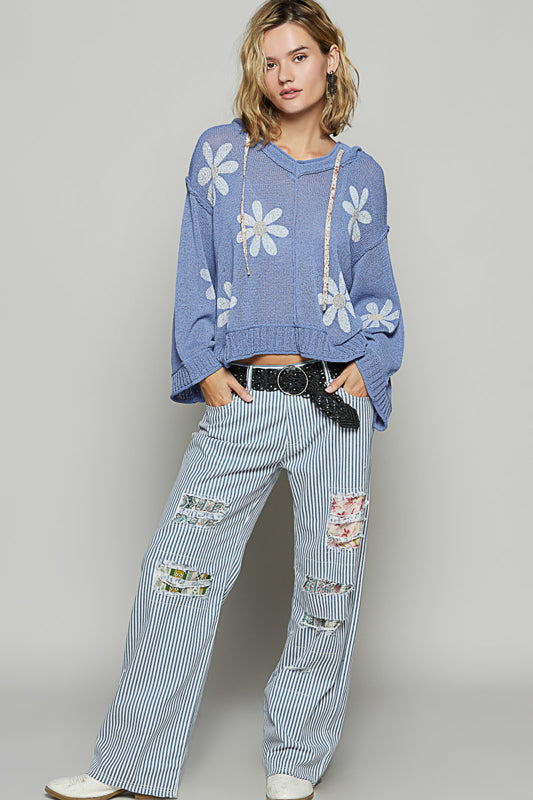 Victoria V-neck Long Sleeve Floral Print Hoodie Sweater in Blue by POL