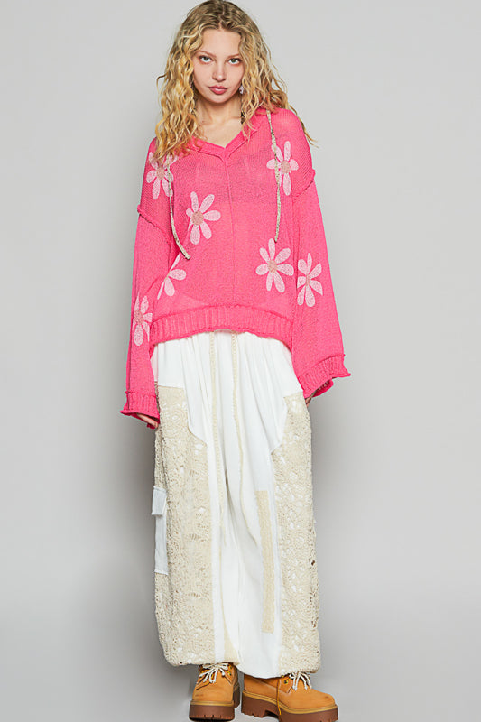 Victoria V-neck Long Sleeve Floral Print Hoodie Sweater in Hot Pink by POL
