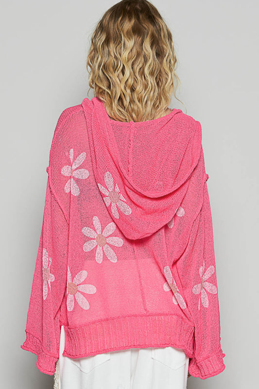 Victoria V-neck Long Sleeve Floral Print Hoodie Sweater in Hot Pink by POL