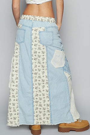 Anne Maxi Skirt in Denim and Multi Print Cotton by POL