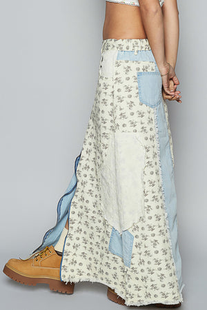 Anne Maxi Skirt in Denim and Multi Print Cotton by POL