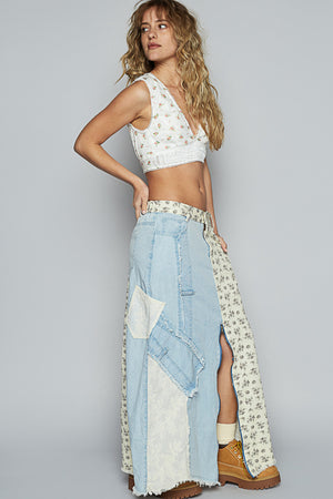 Anne Maxi Skirt in Denim and Multi Print Cotton by POL