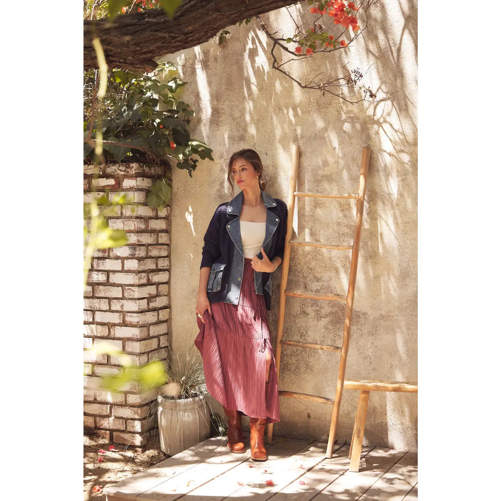 Penelope Graceful Midi Skirt With Side Slit and Bow in Raspberry Truffle