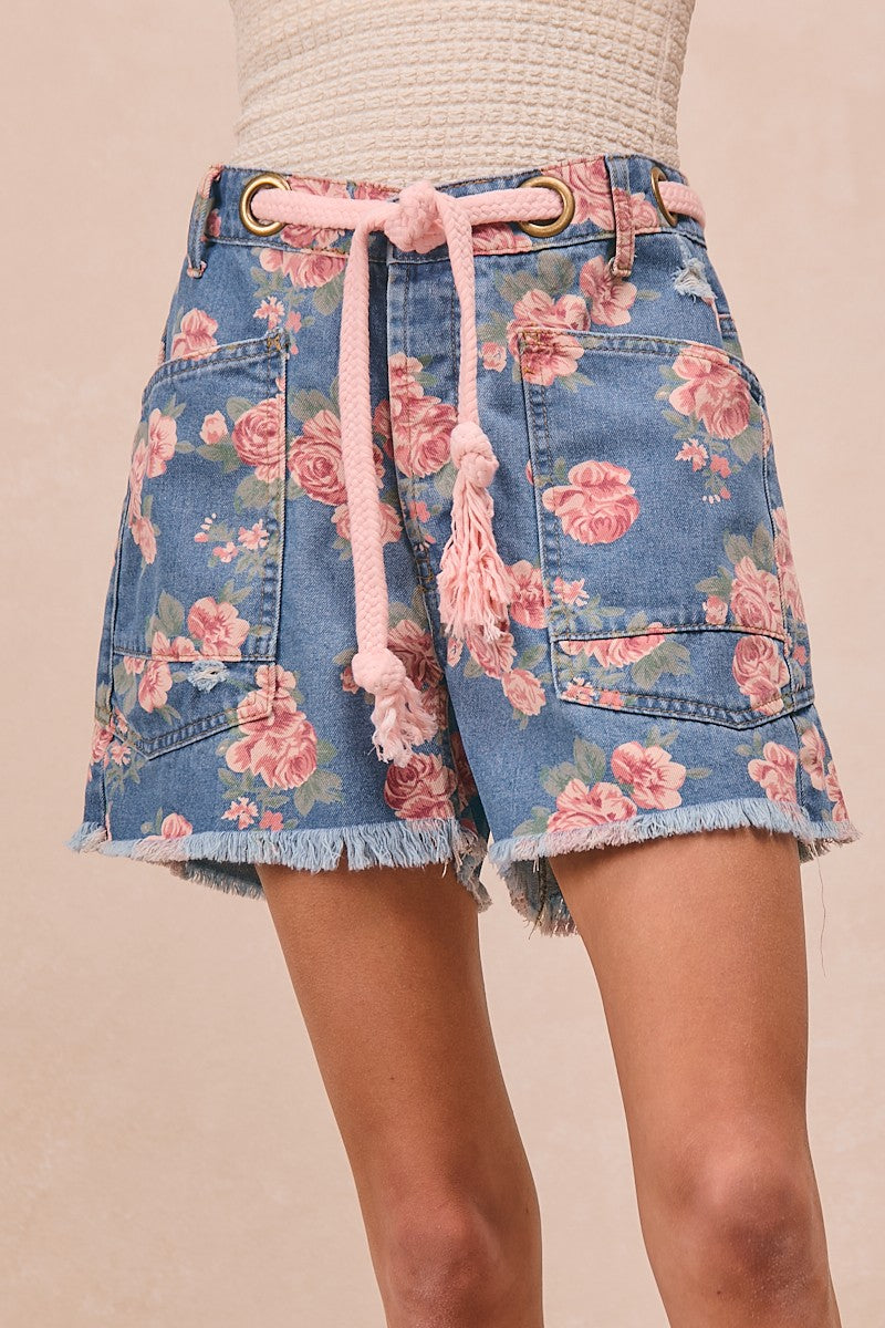 Betty Patch Pocket Floral Print Denim Shorts With Belt