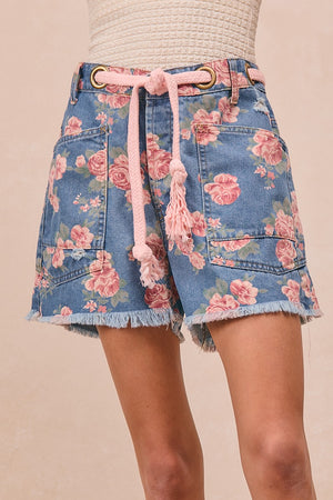 Betty Patch Pocket Floral Print Denim Shorts With Belt