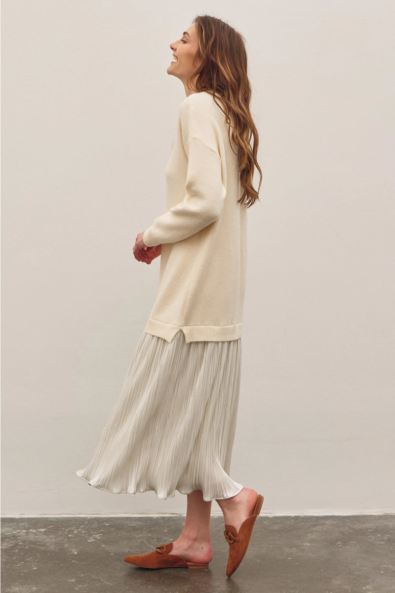 Metallic Pleated Skirt Twofer Sweater Midi Dress