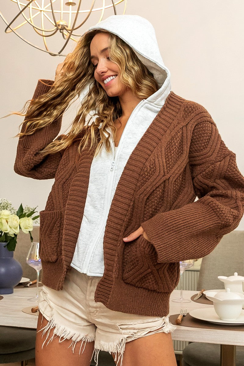 Rhombus Pattern Sweater with Attached Knit Hoodie