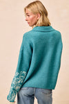 Teal Flower Sweater Zip-Front Cardigan