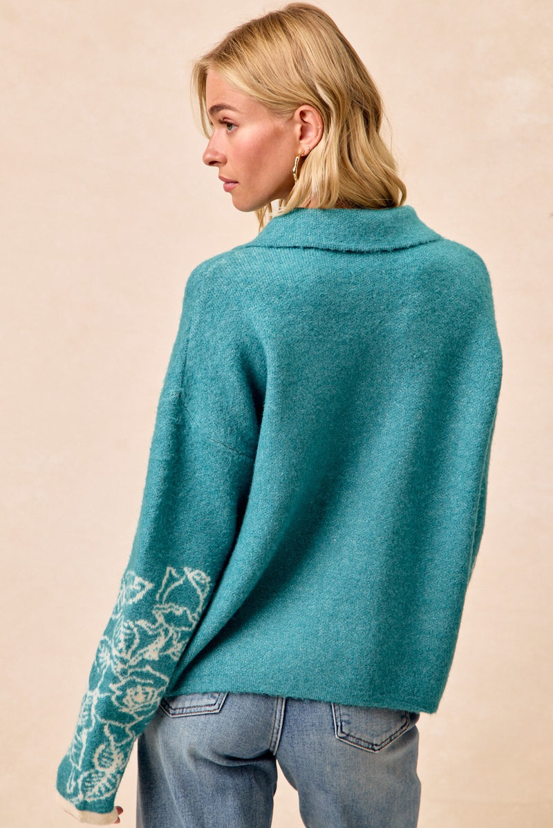 Teal Flower Sweater Zip-Front Cardigan