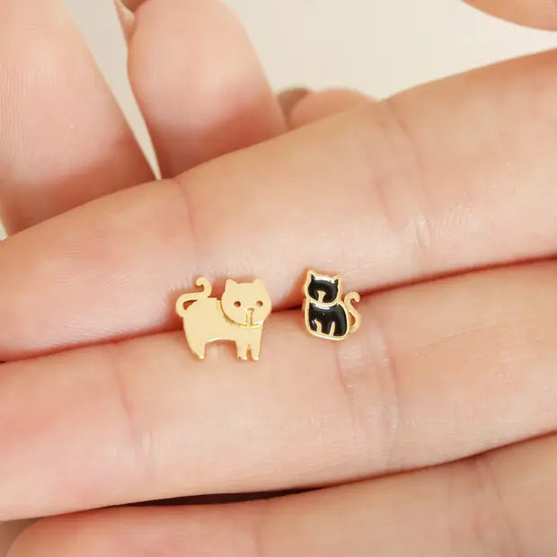 Cat and Kitten Stud Earrings in Gold