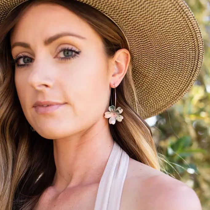 Pink Green Blossom Hoop Earrings