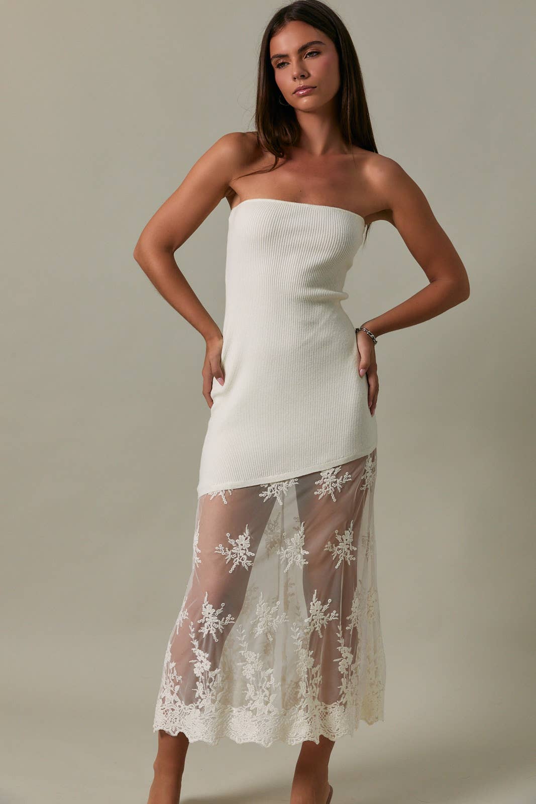 Tube Dress With Lace Skirt in Ivory Medium