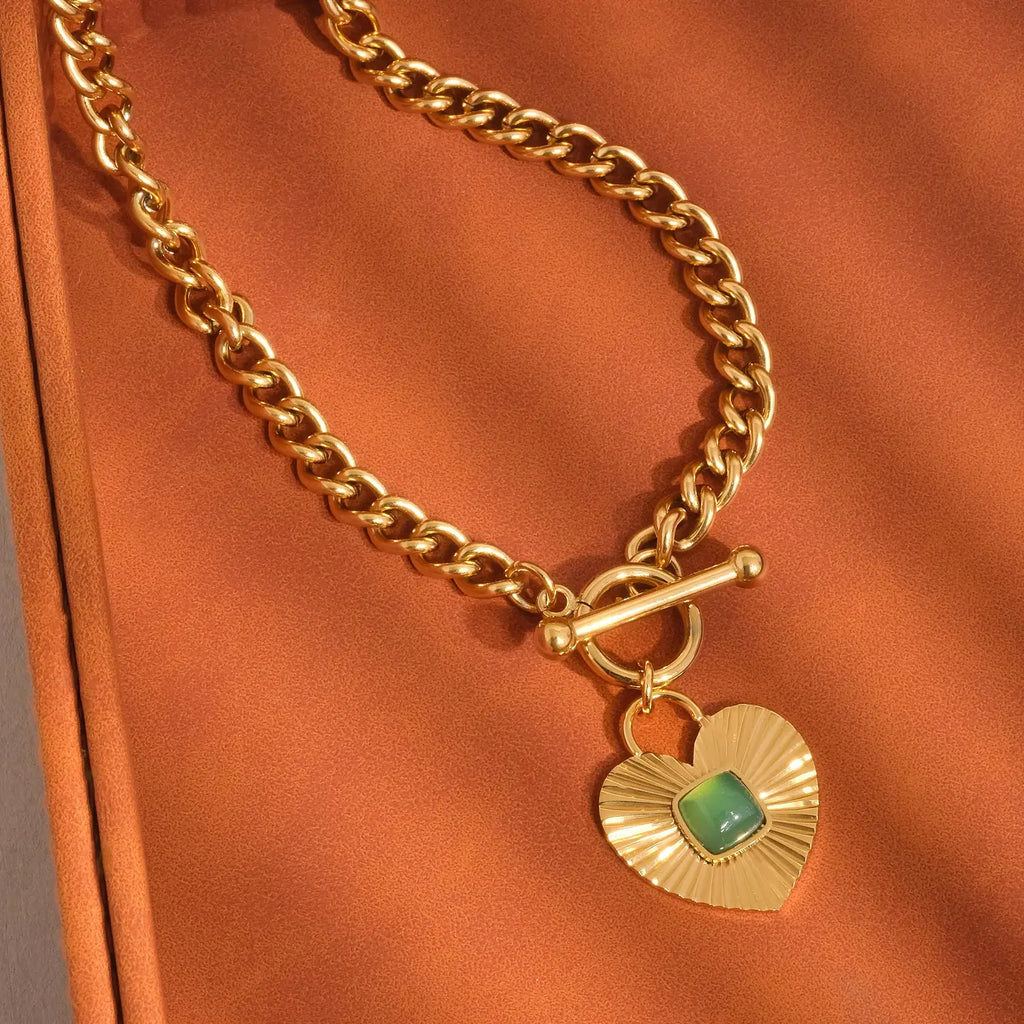Apres 18K Gold Non-Tarnish Green Heart Chain Necklace
