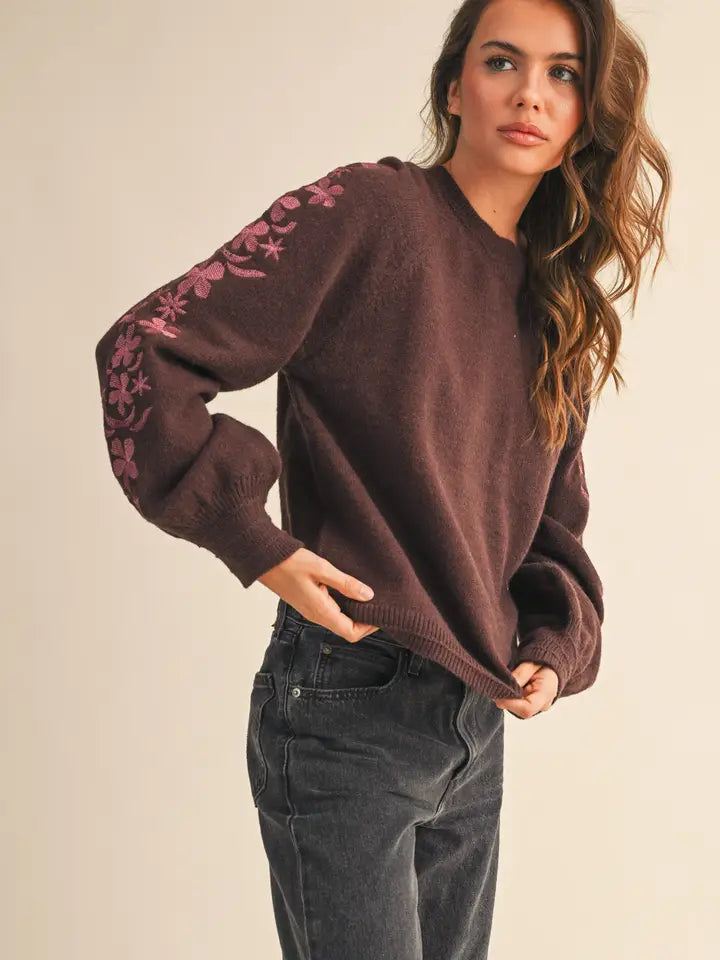 Emmy Chocolate Berry Embroidered Sleeve Sweater