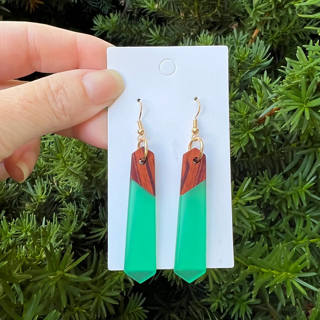 Green Jade Wood Acrylic Resin Pixie Earrings