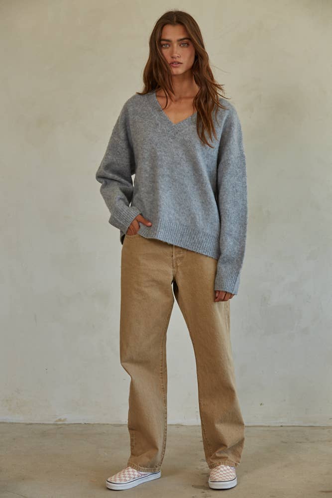 By Together Knit Sweater V-Neck Long Sleeve Pullover in Heather Grey