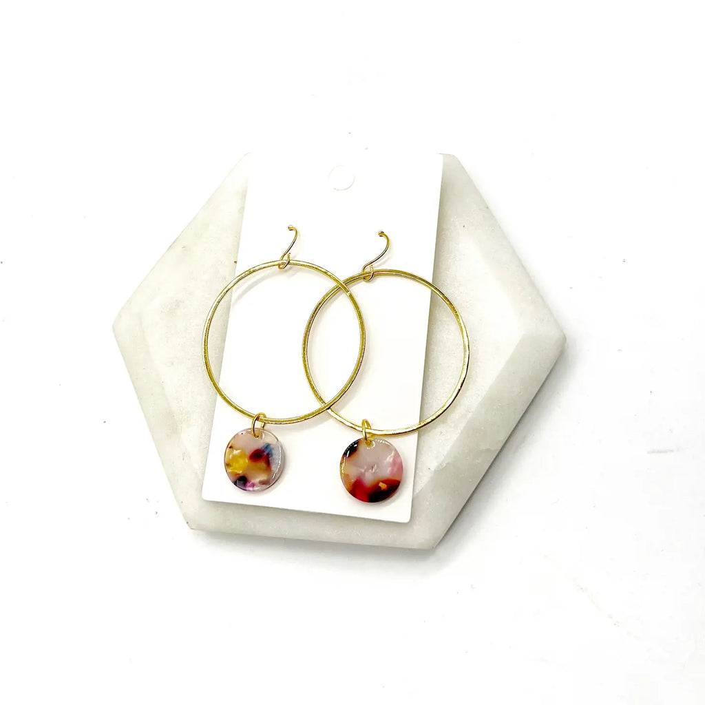 Gold Metal Handmade Hoop Earrings With Multi Color Acrylic Disc