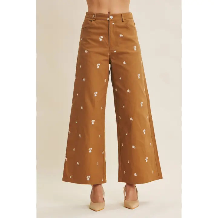 Embroidered Cotton Wide Leg Stretchy Pants