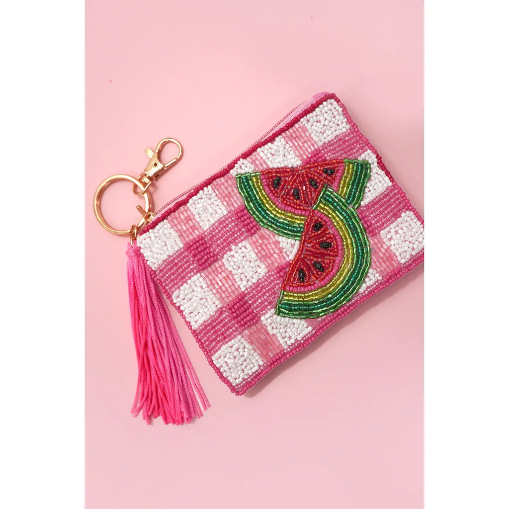 Checker Seed Bead Coin Tassel Purse With Watermelon