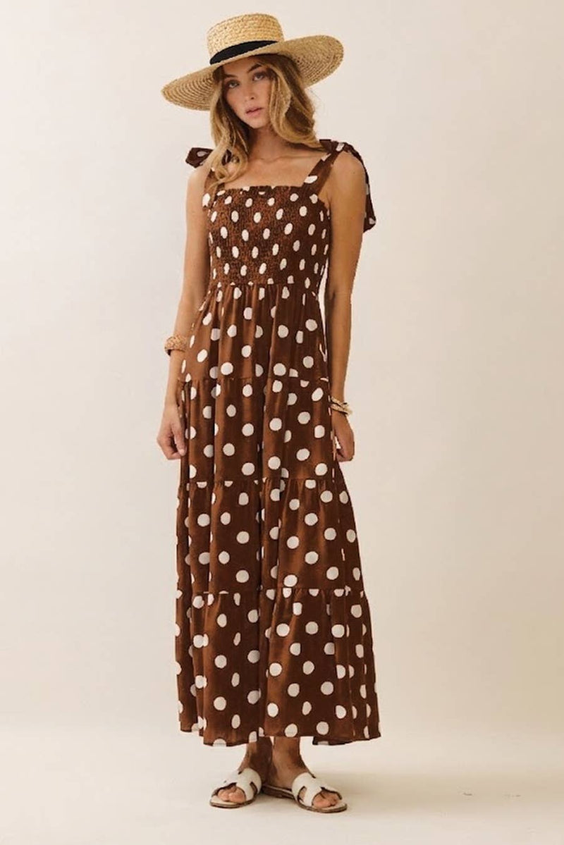 brown tiered midi dress Polka Dot Sleeveless With Smocked Top in Chocolate Black Silk Maxi Dress, kawaii kimono Brown floral dress Satiny bow straps Color:Gold Multi