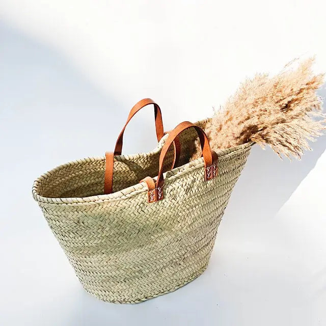 Handmade French Market Straw Bag With Leather Handles