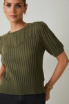 Nadia Round Neck Puff Short Sleeve Cable Knit Sweater