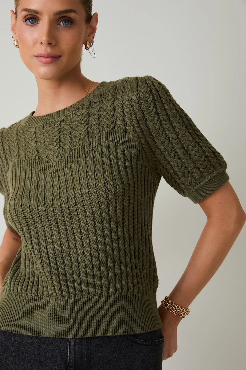 Nadia Round Neck Puff Short Sleeve Cable Knit Sweater