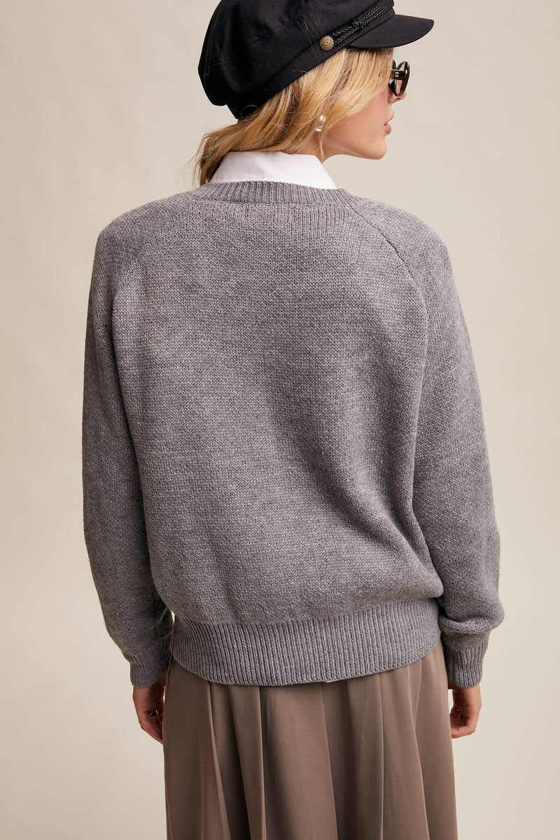 Floral Intarsia V-Neck Sweater in Heather Grey