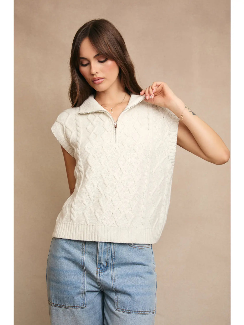 Mel Half Zipper Sleeveless Cable Knit Sweater by Le Lis