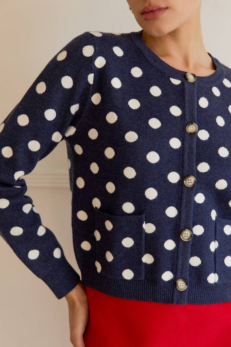 Torry Navy and White Polka Dot Sweater Cardigan