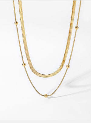 Layered Herringbone and Ball Snake Chain Double Necklace